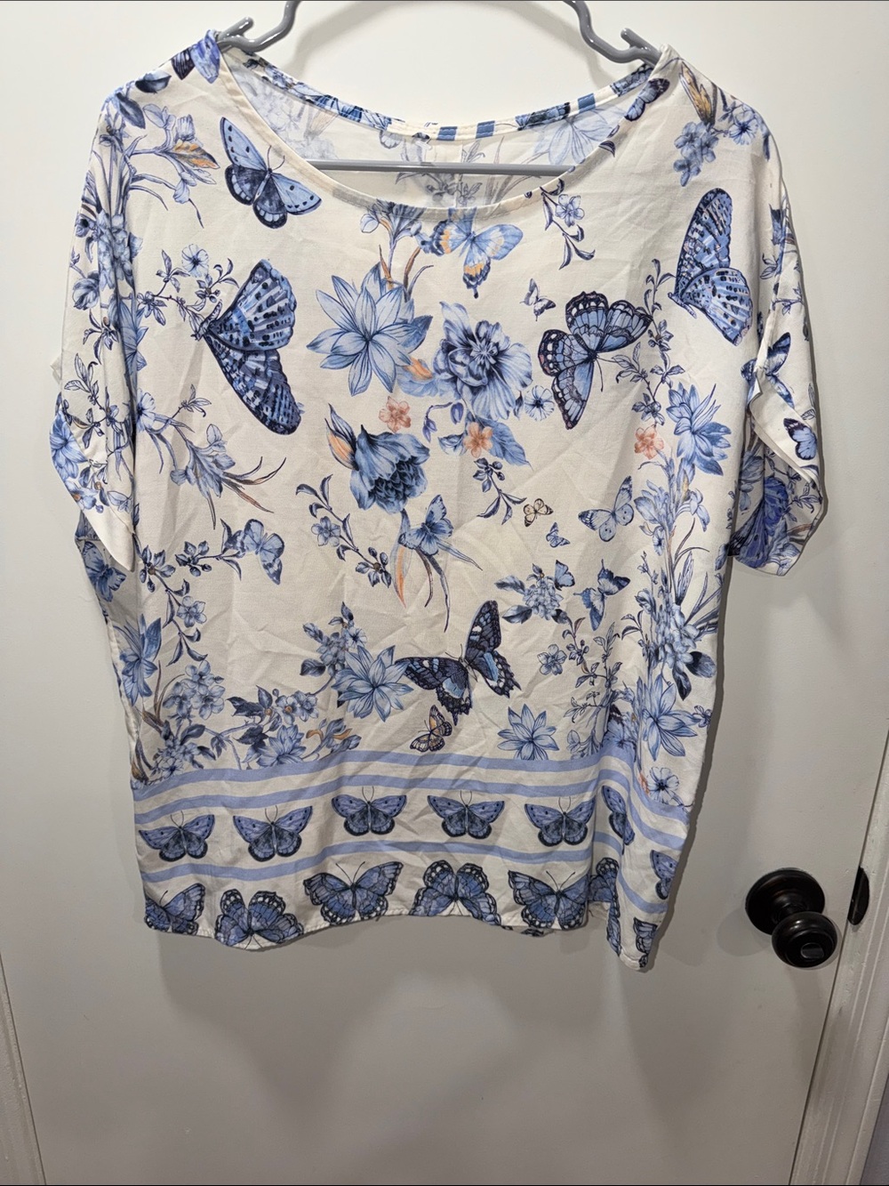 Women's Cream Top with Blue Floral & Butterfly Print